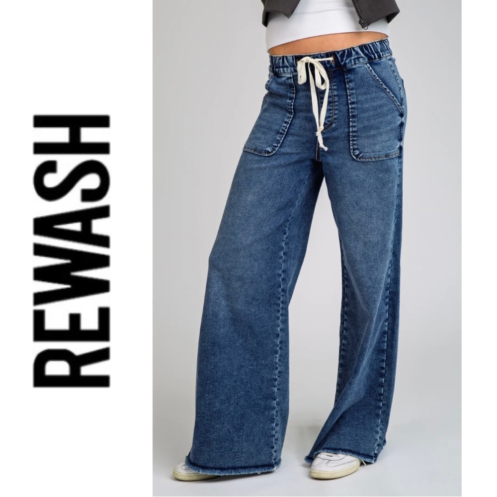 🆕 REWASH Women's Blue Relaxed Wide-Leg Jeans. Size Small